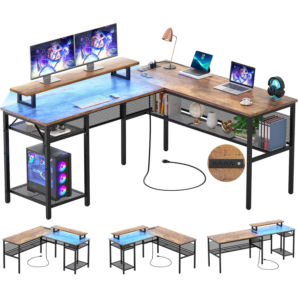 55 Inch Reversible L Shaped Computer Desk with Power Outlets N112