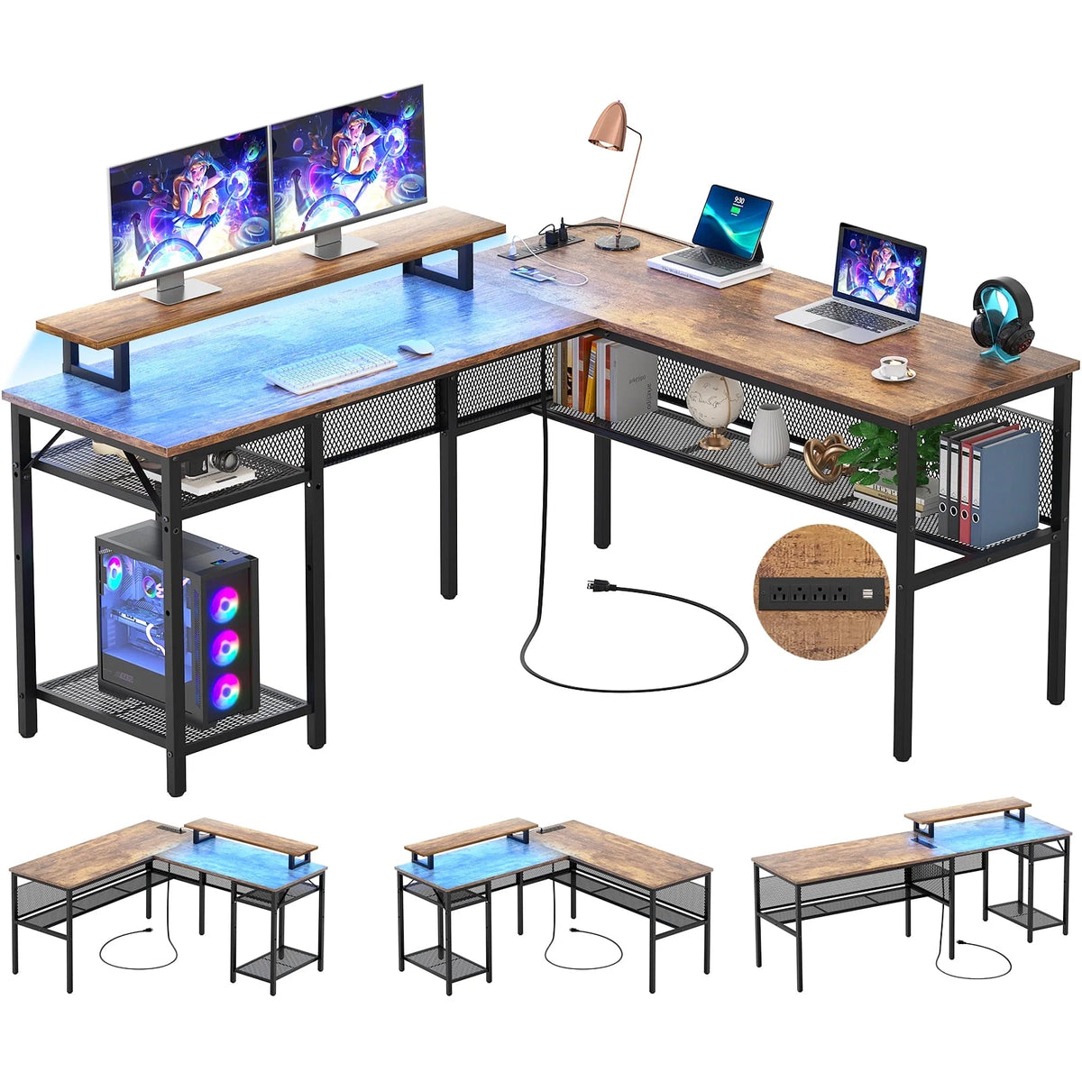 55 Inch Reversible L Shaped Computer Desk with Power Outlets N112