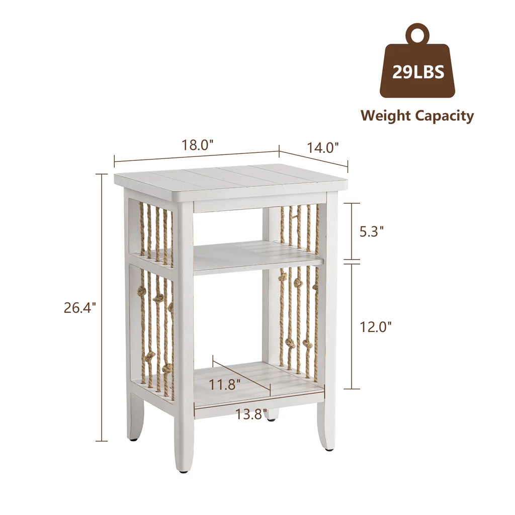 White 3-Tier MDF Side Table with Hemp Rope S457