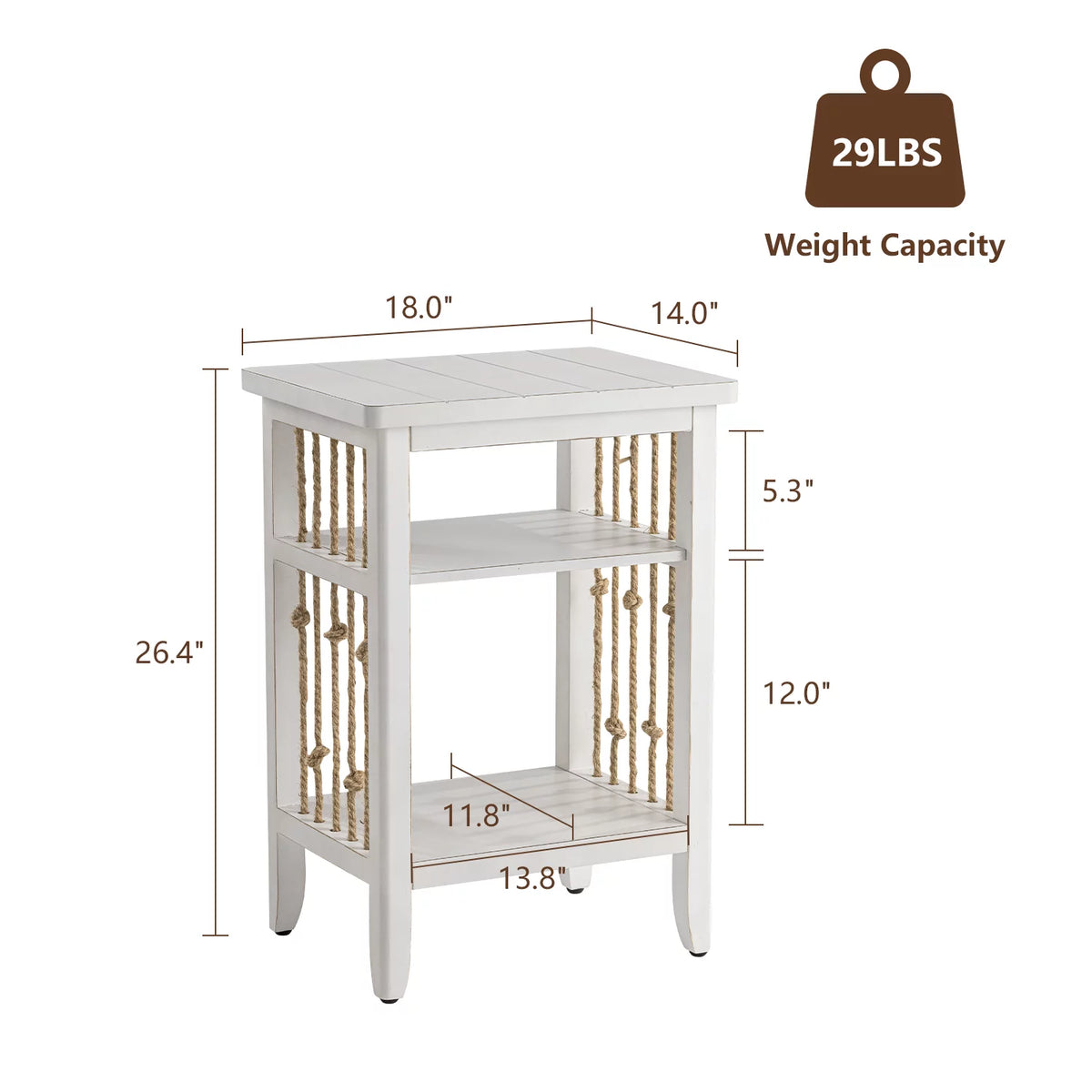 White 3-Tier MDF Side Table with Hemp Rope S457