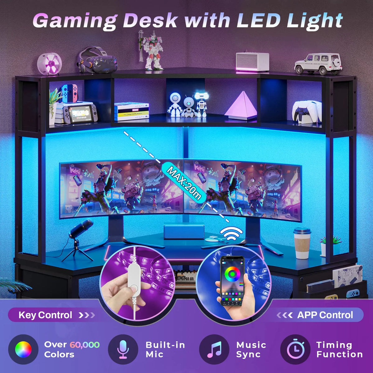Black Corner Desk with Hutch and LED Lights Q421859
