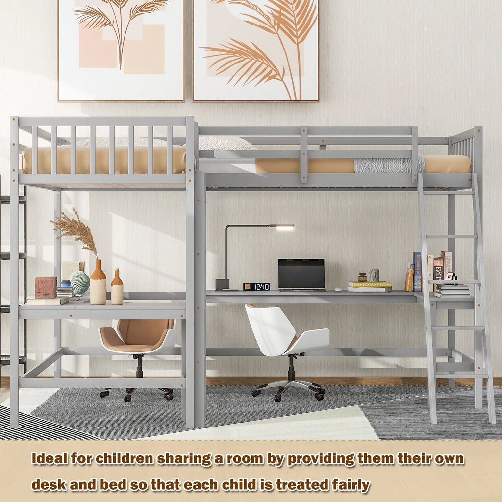 Twin Size L-Shaped Loft Bed with Desk, Ladder and Guardrails D820