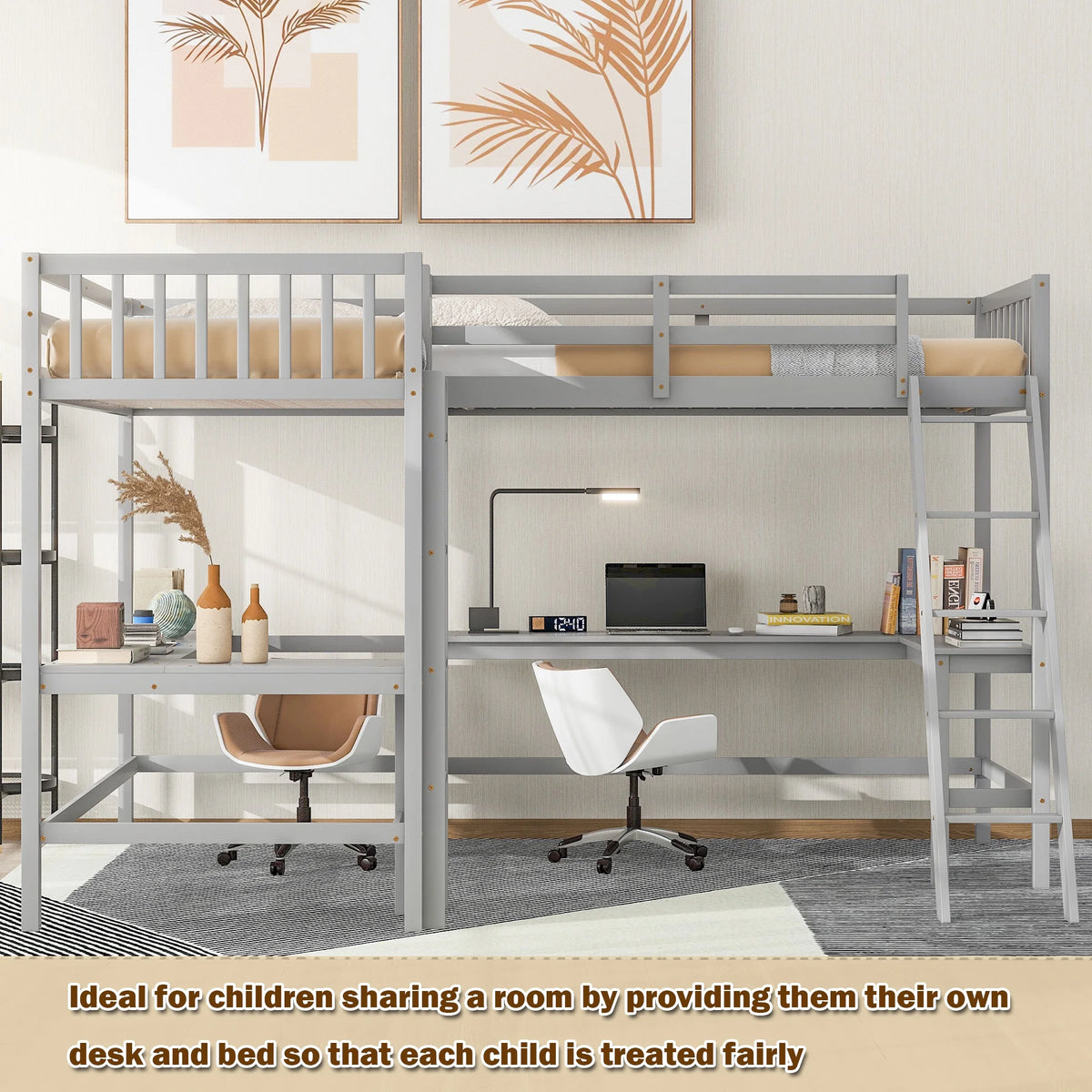 Twin Size L-Shaped Loft Bed with Desk, Ladder and Guardrails D820
