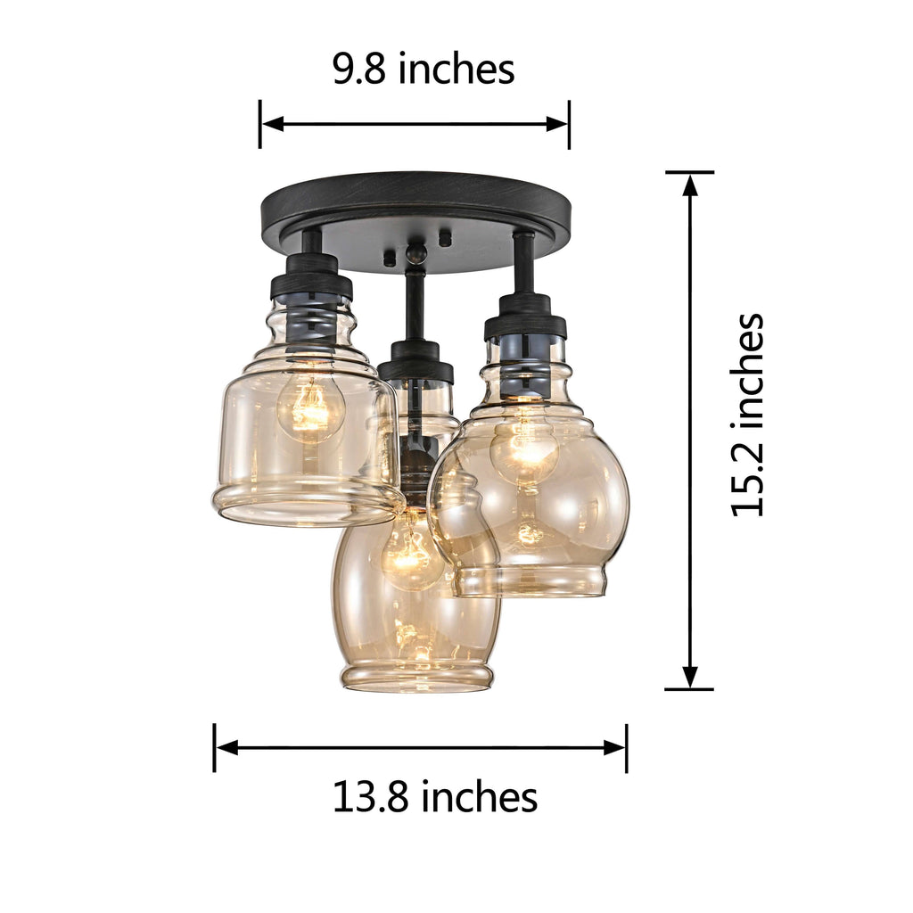 Antique Black 3-Light Flush Mount with Cognac Glass Shade C445698