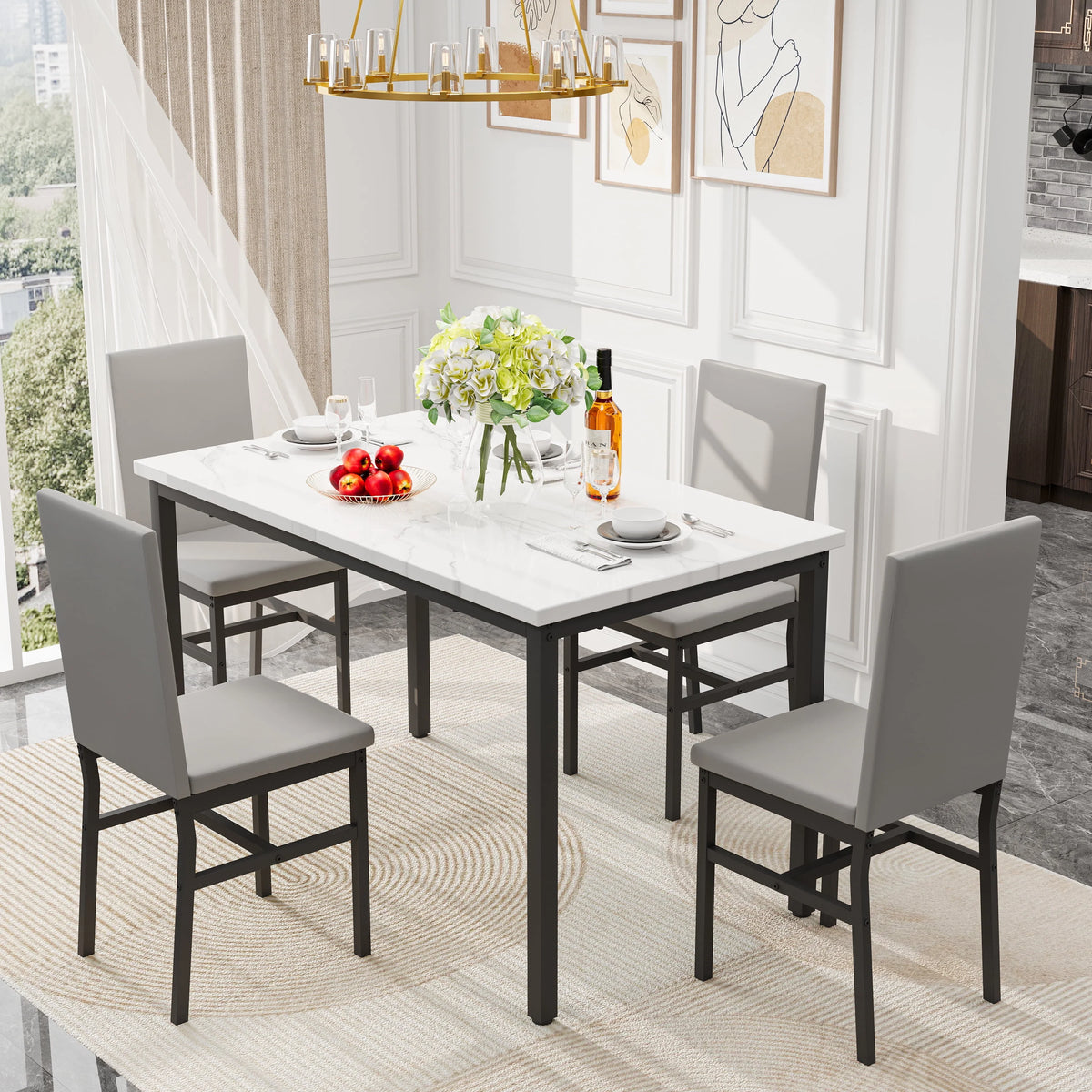 Gray 5-Piece Faux Marble Dining Table Set D709213