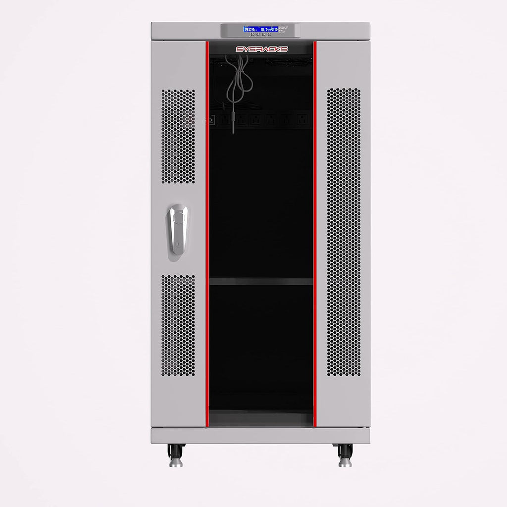 18U Locking Server Rack Cabinet with Casters, Shelf, Cooling Fan, Thermostat, PDU, Light Grey T7100
