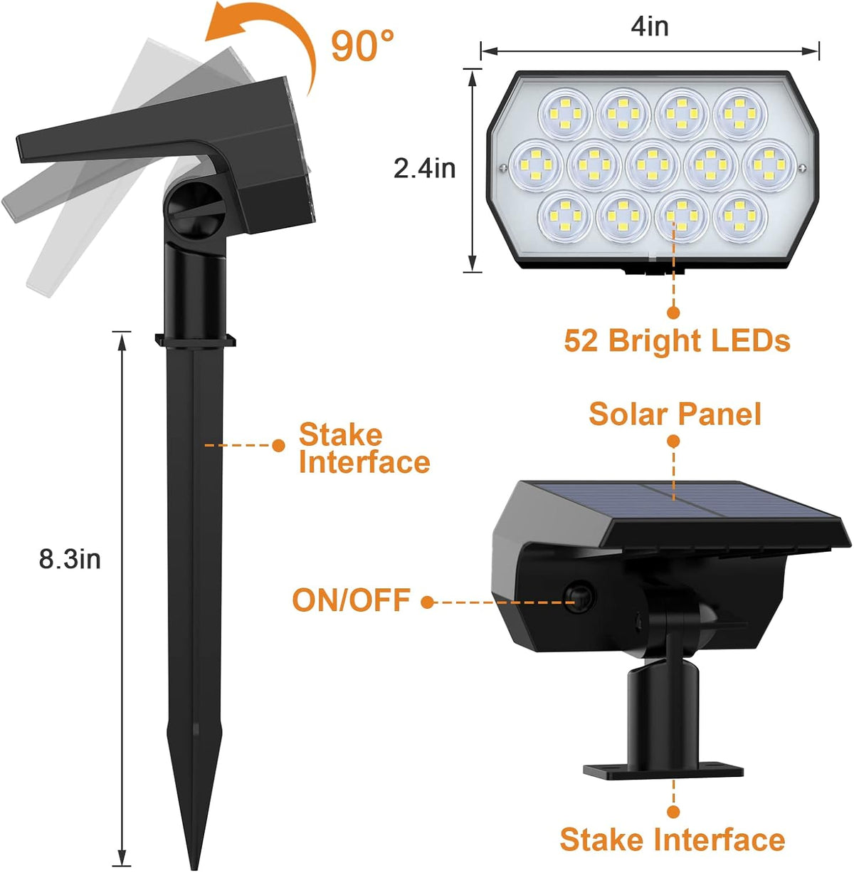 6 Pack 52 LED 3 Modes IP65 Waterproof Solar Spot Lights U828077