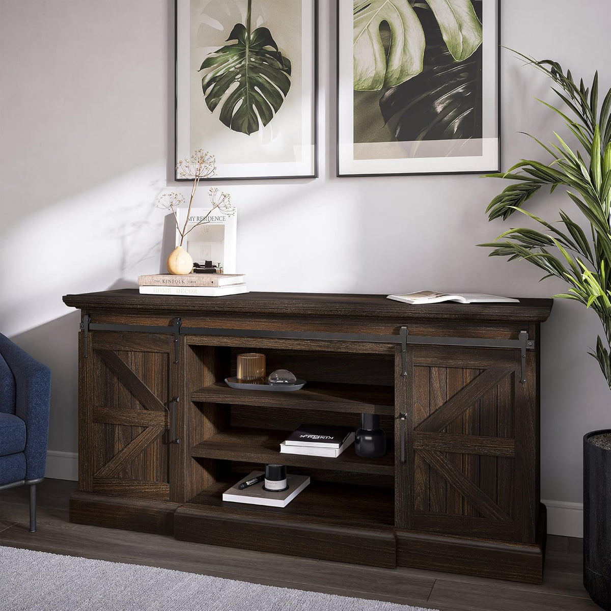 Modern Farmhouse TV Stand with Adjustable Shelves and Barn Doors V9920