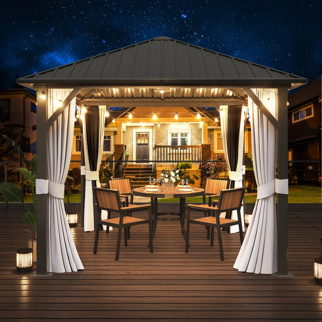 10x 10 Hardtop Gazebo with Netting and Curtain, Gray O34871