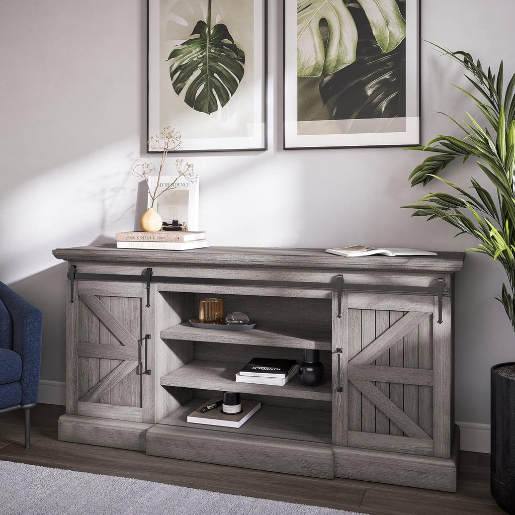 Modern Farmhouse TV Stand with Adjustable Shelves and Barn Doors V9920