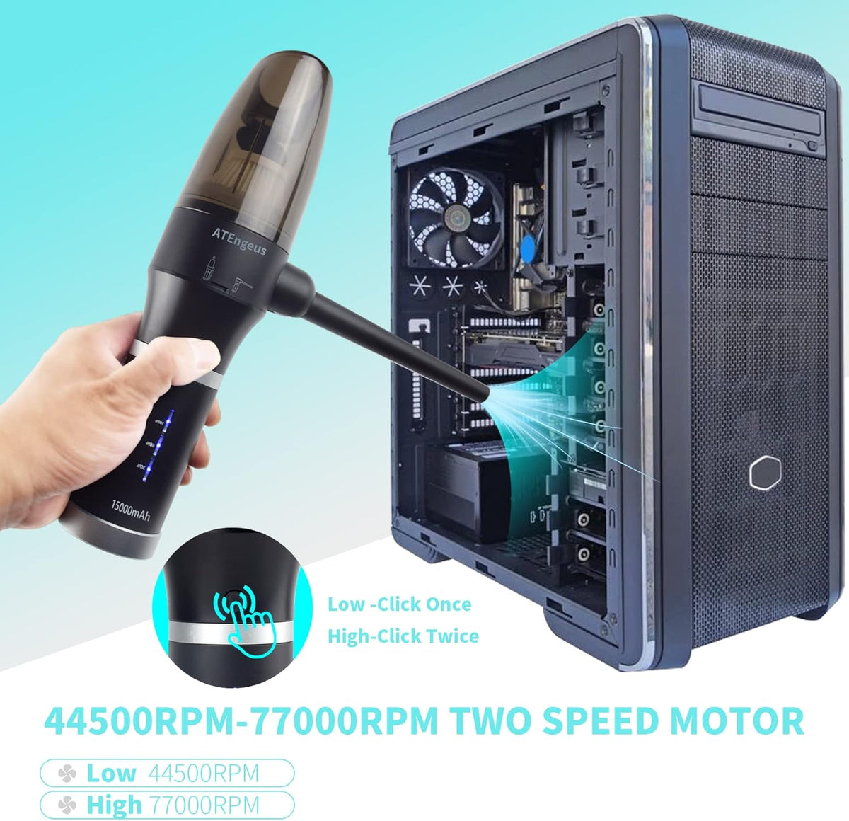 3 in1 Cordless Compressed Air Duster & Vacuum, 77000 RPM, Handheld Air Blower, Type C Fast Charging W3555