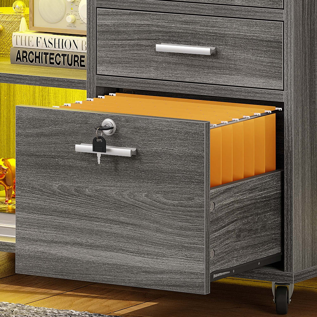3 Drawer File Cabinet with Charging Station Lock LED Light Black J807372