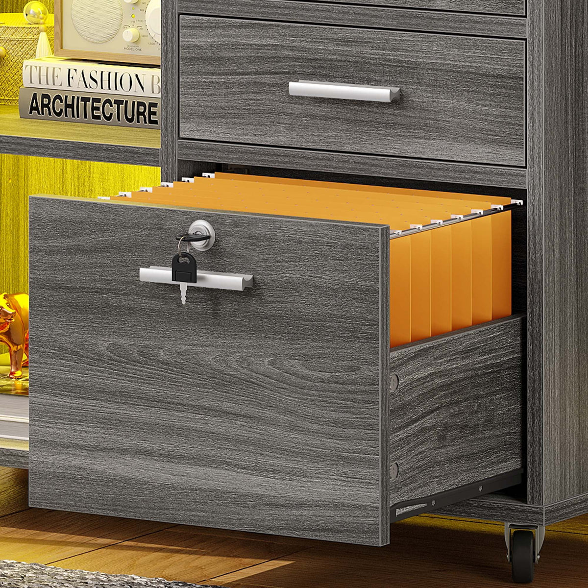3 Drawer File Cabinet with Charging Station Lock LED Light Black J807372