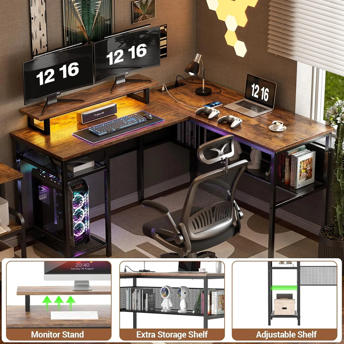 55 Inch Reversible L Shaped Computer Desk with Power Outlets N112