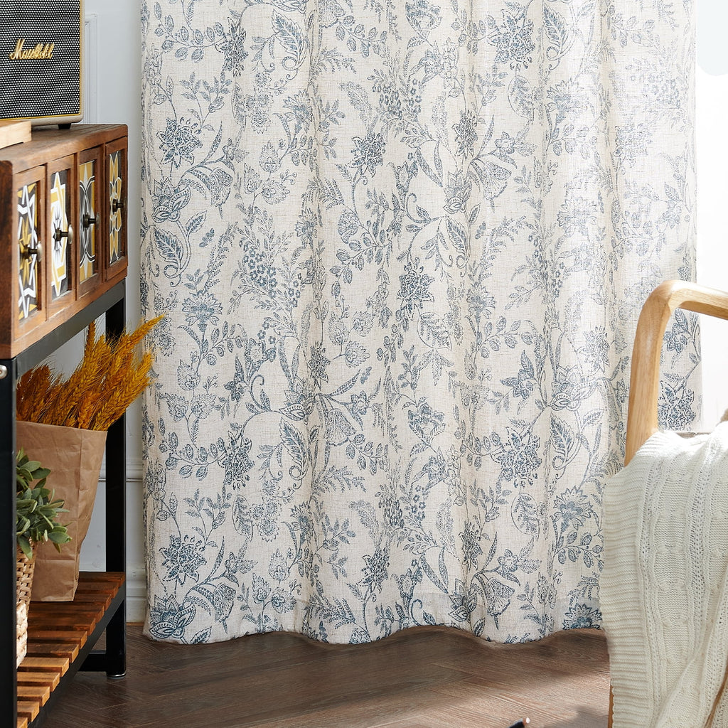 Floral Linen Semi Sheer Curtains 84 inch 2 Panels Blue on Beige H2175