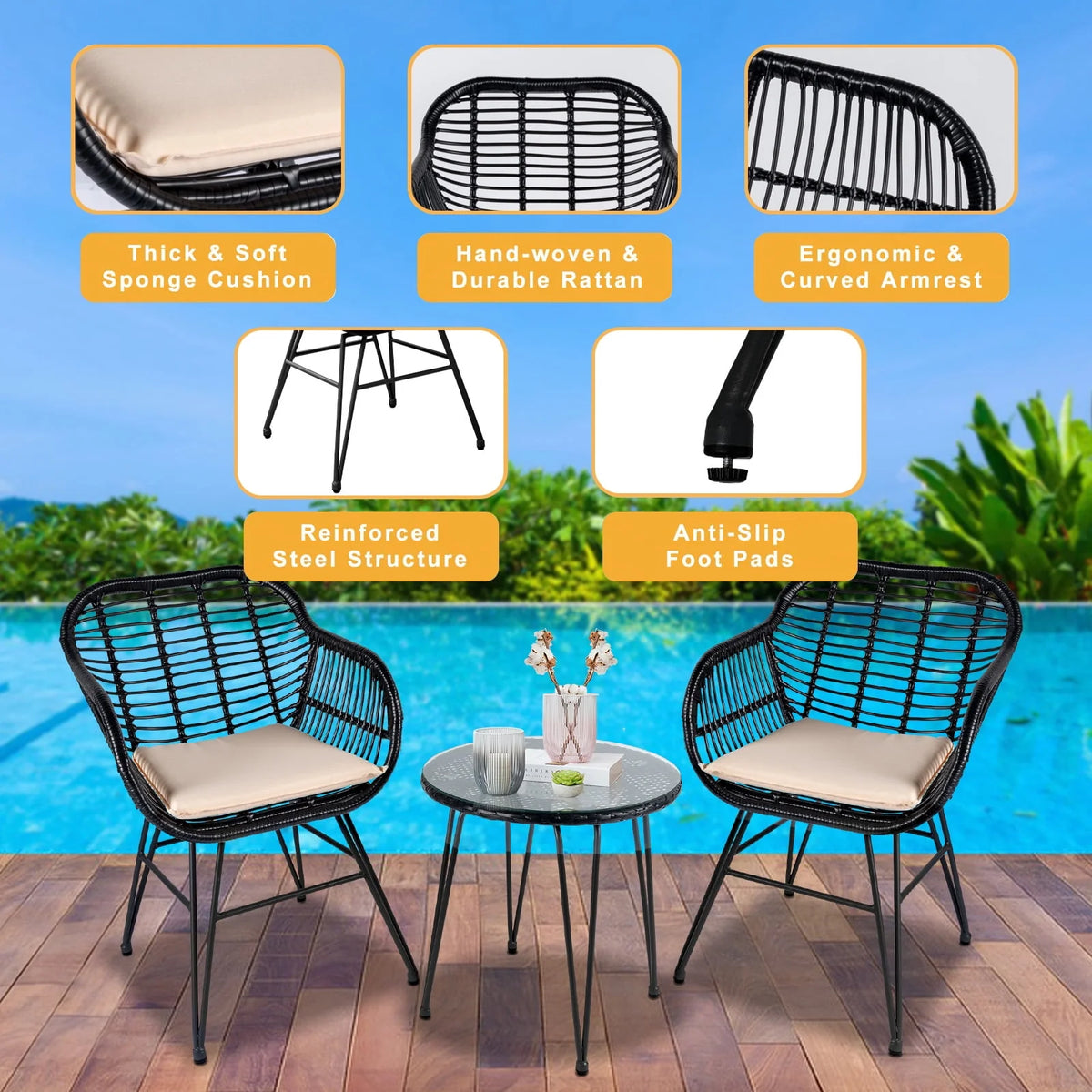 3 Piece PE Rattan Wicker Bistro Set with Cushions Z8383