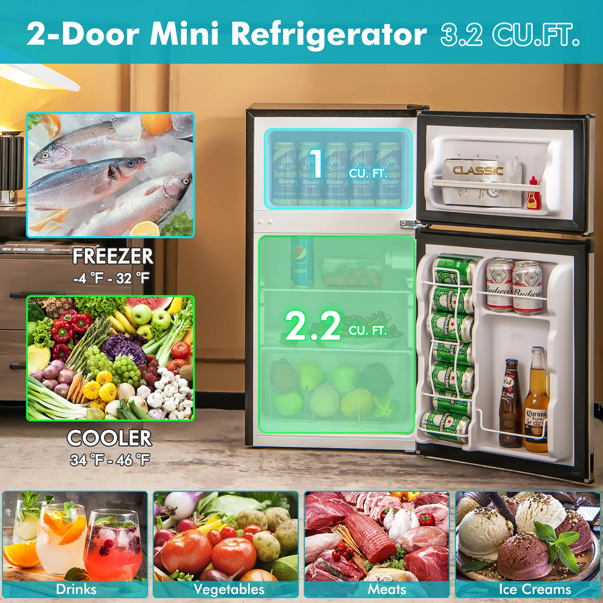 3.2 Cu.Ft Compact Mini Refrigerator with Freezer U954132