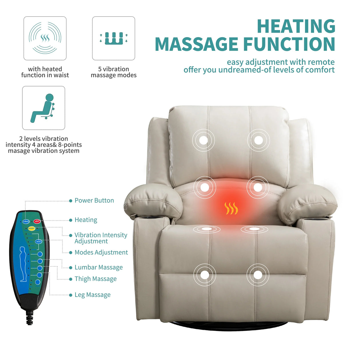 38.19" Wide Manual Swivel Rocker Recliner Chair with Massager and Heat P19712