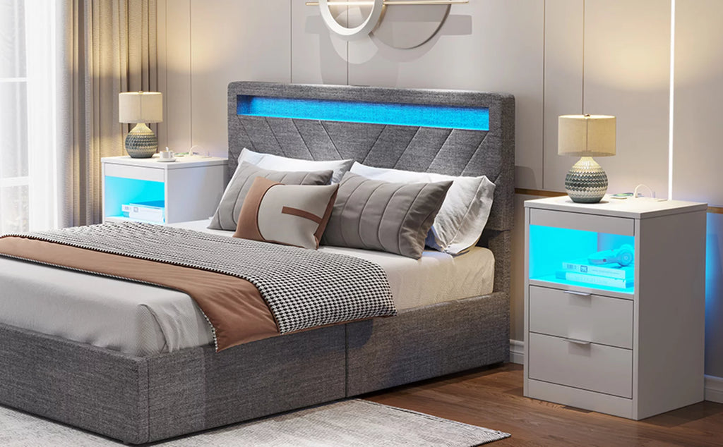 Set of 2 Black LED Nightstand with Wireless Charging Station & 2 Drawers J474