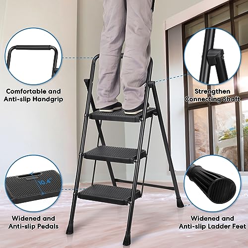 Black 3 Step Folding Steel Ladder Q5946