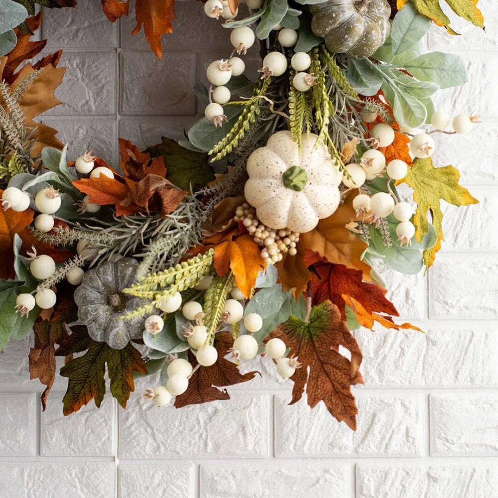 18" Artificial Fall Wreath with Pumpkins Berry Maples Leaves S334315