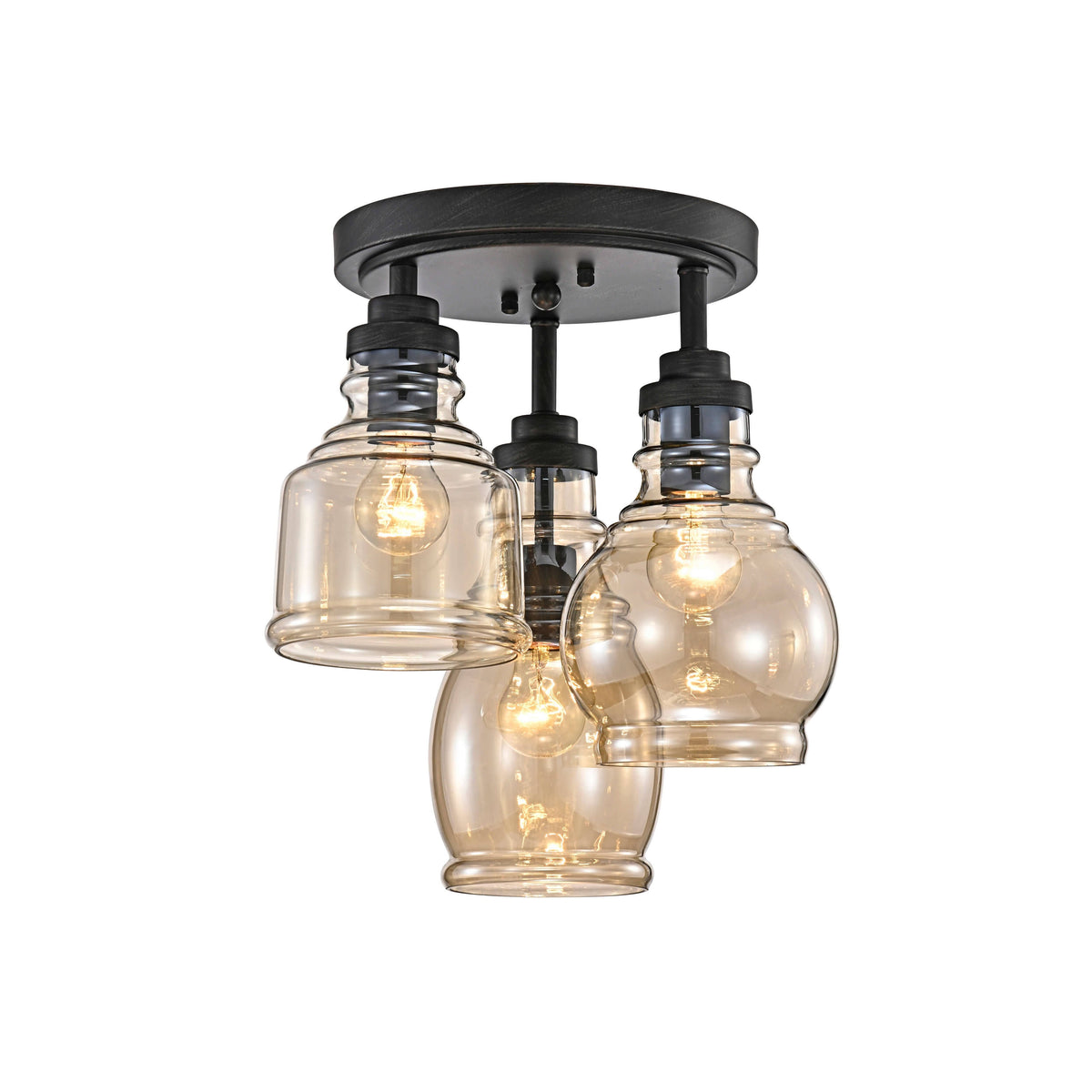 Antique Black 3-Light Flush Mount with Cognac Glass Shade C445698