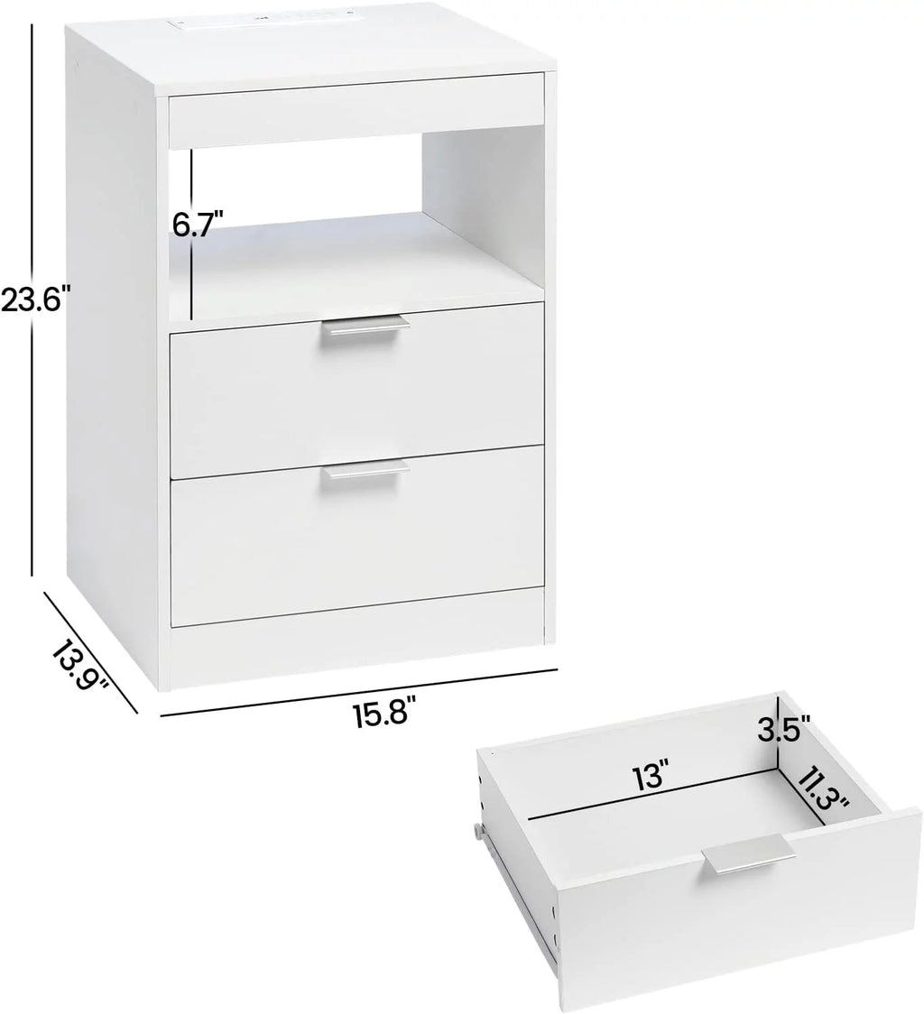 Set of 2 Black LED Nightstand with Wireless Charging Station & 2 Drawers J474