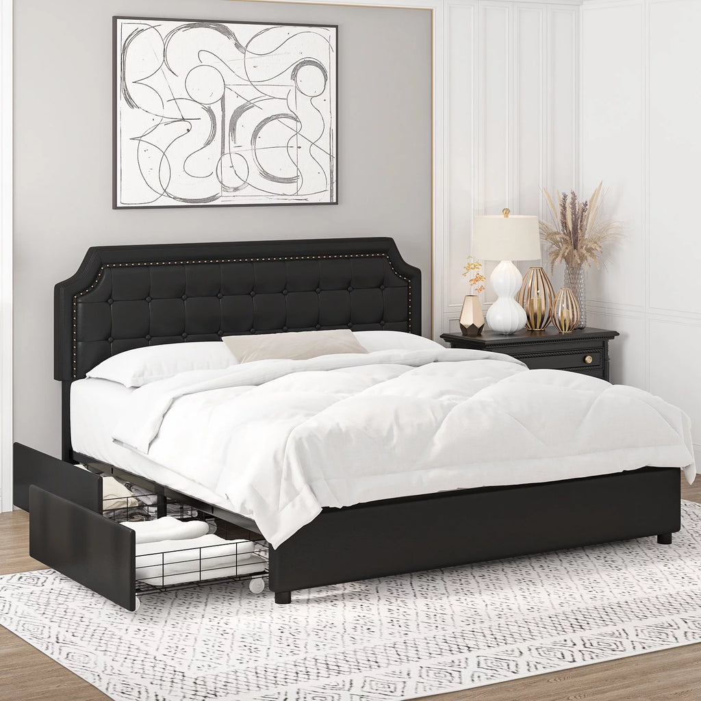 Queen Size 4 Drawer Black PU Leather Platform Bed N3083