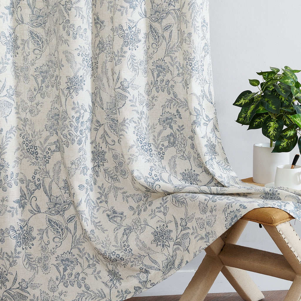 Floral Linen Semi Sheer Curtains 84 inch 2 Panels Blue on Beige H2175