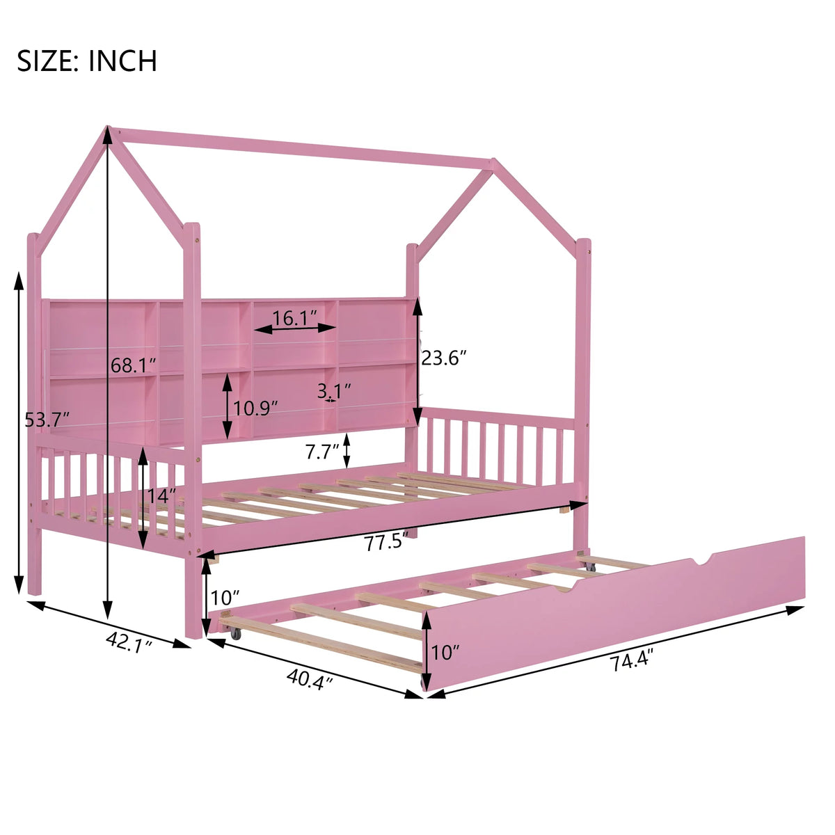 Wooden Twin Size House Bed with Trundle and Shelf X356