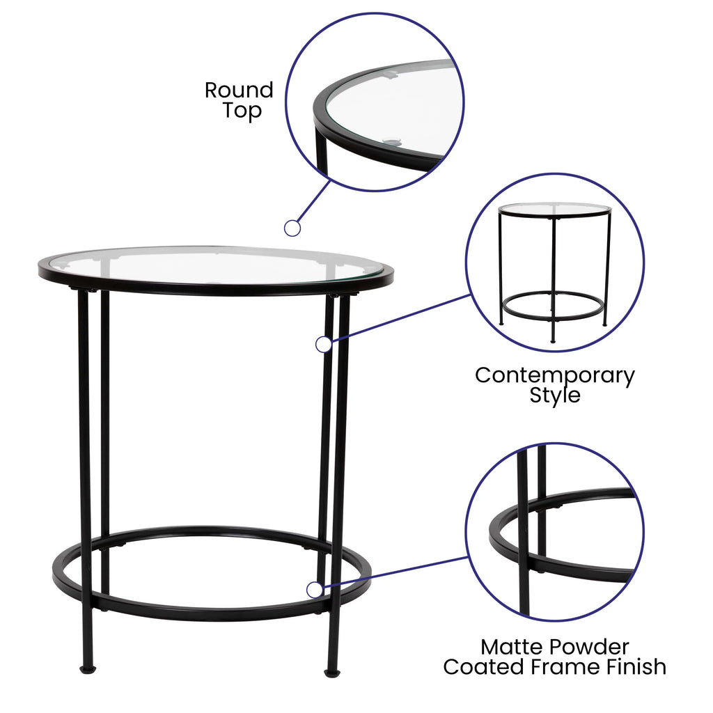 Round Glass End Table with Black Frame E438