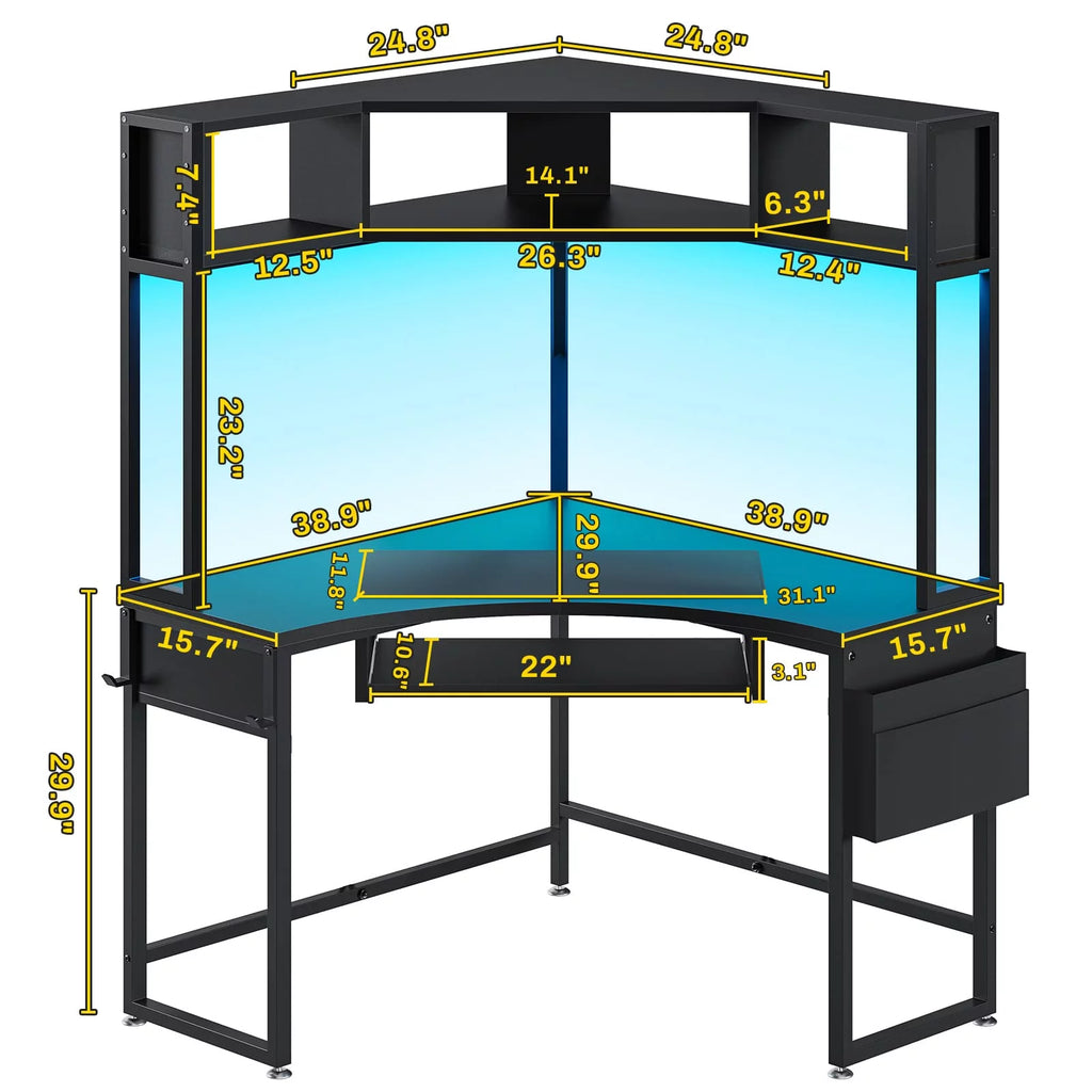 Black Corner Desk with Hutch and LED Lights Q421859
