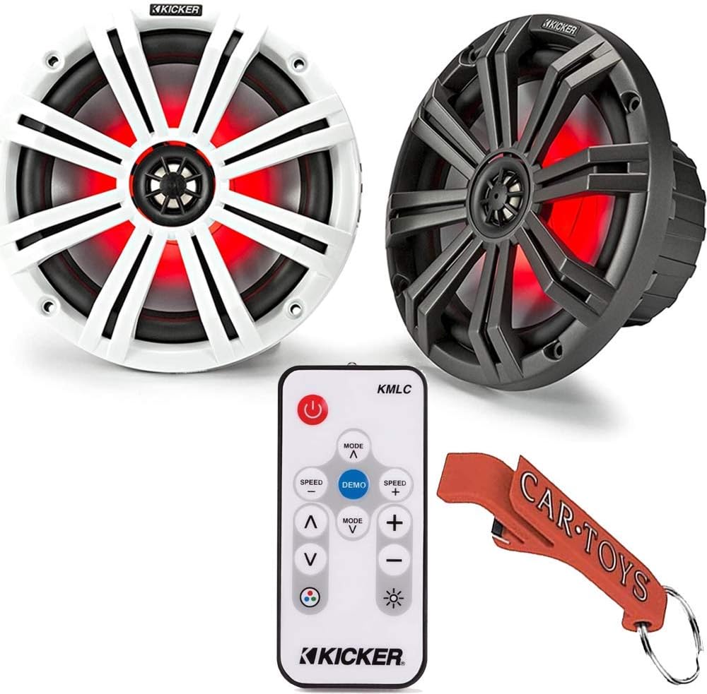 8-Inch Marine Coaxial Boat Speakers Pair with LED Remote Controller Bundle, Black and White Grilles, Multicolor LED Lights, 4-Ohm, 300 Max Watts, Waterproof and Saltproof P85147