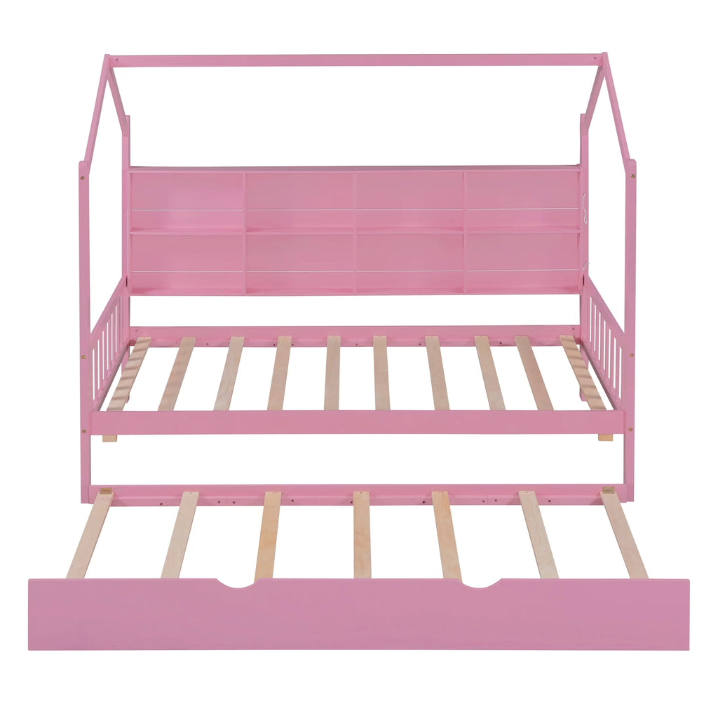 Wooden Twin Size House Bed with Trundle and Shelf X356