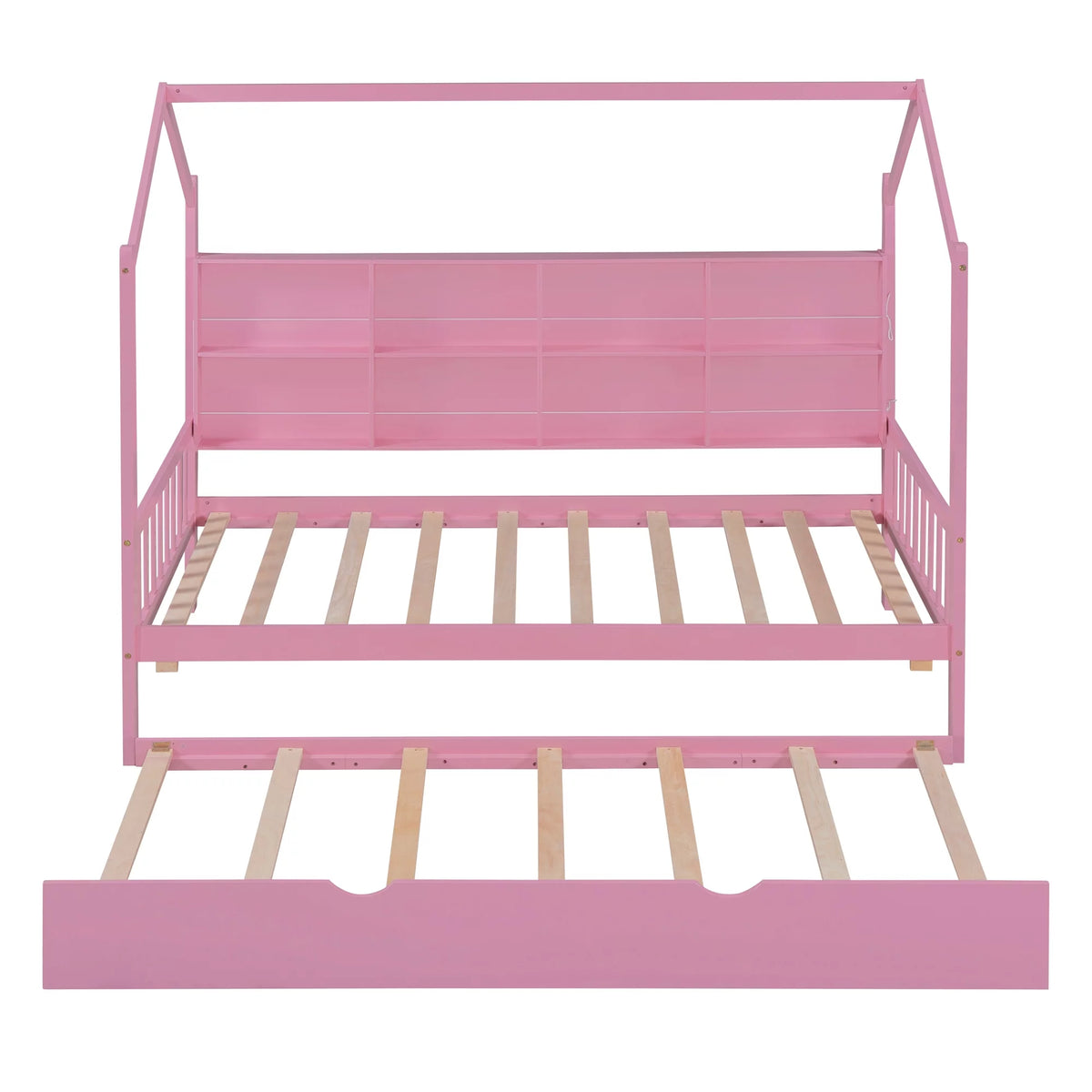 Wooden Twin Size House Bed with Trundle and Shelf X356