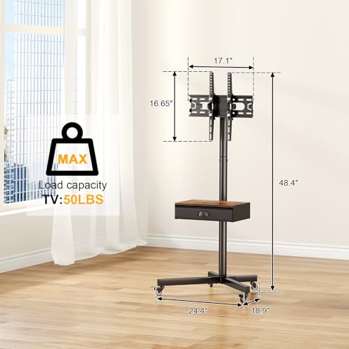 Rolling TV Stand with Power Outlet, Adjustable Height Mobile TV Cart with Wheels B98963