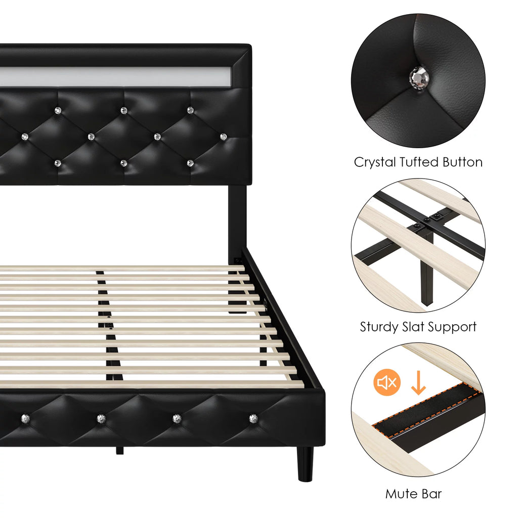 Queen Size LED Upholstered Platform Bed Frame with Adjustable Headboard M521809
