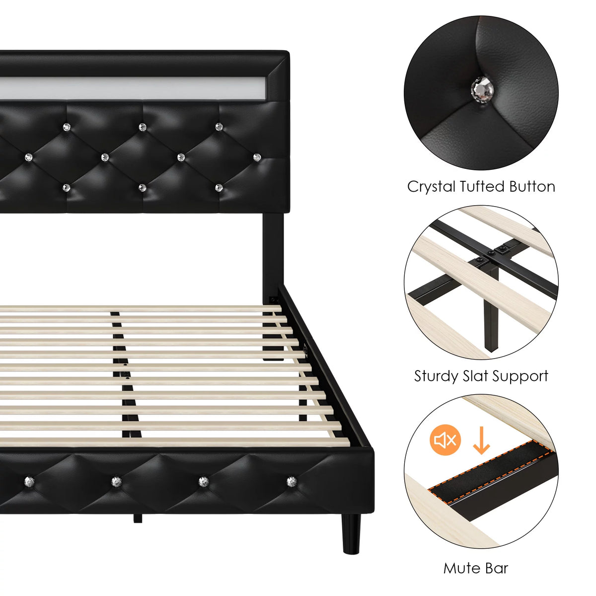Queen Size LED Upholstered Platform Bed Frame with Adjustable Headboard M521809