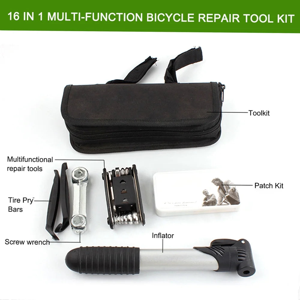 16 in 1 Multi-Function Bicycle Tool Kit with Mini Pump R100529