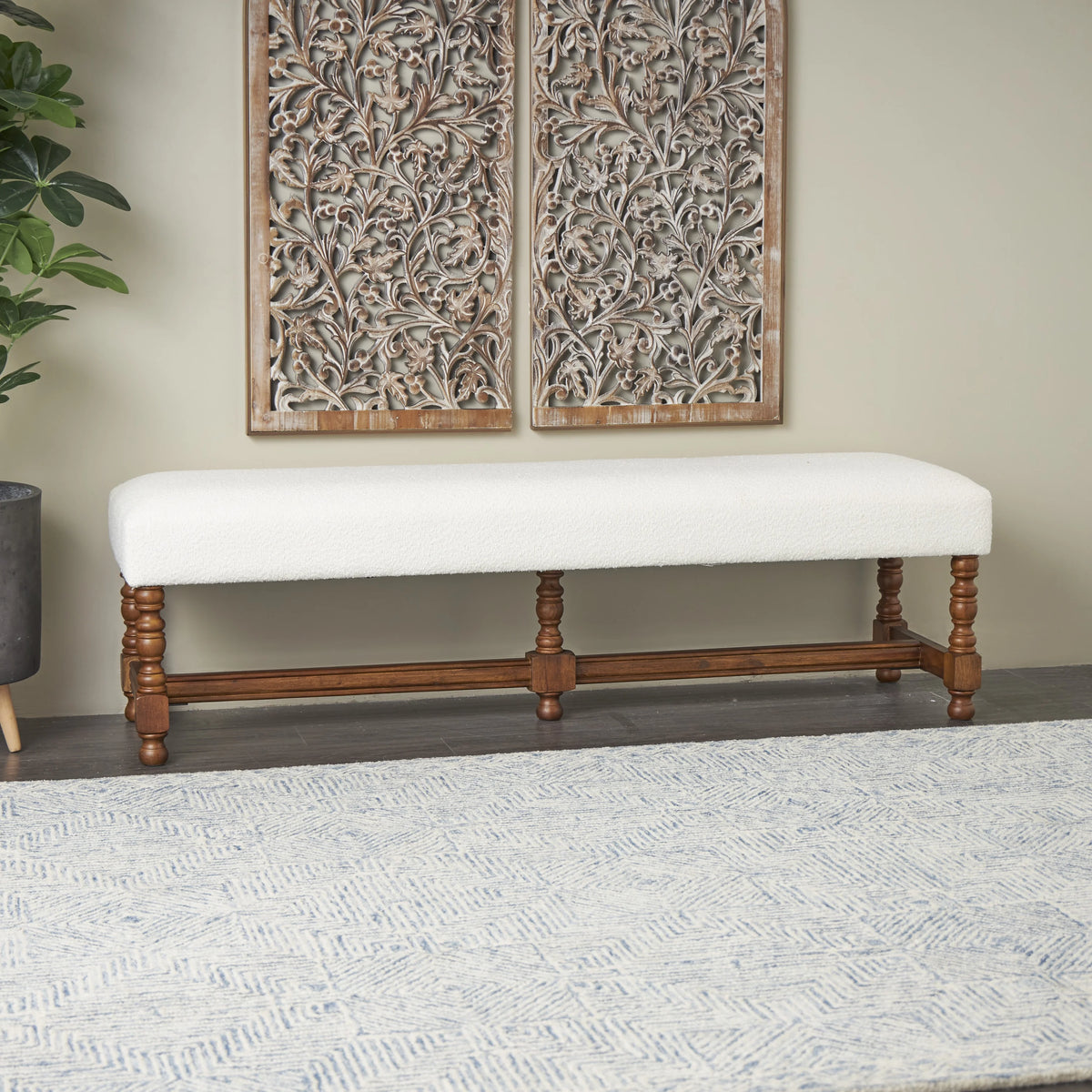 Fabric Bench with Brown Traditional Wood Turned Legs V309581
