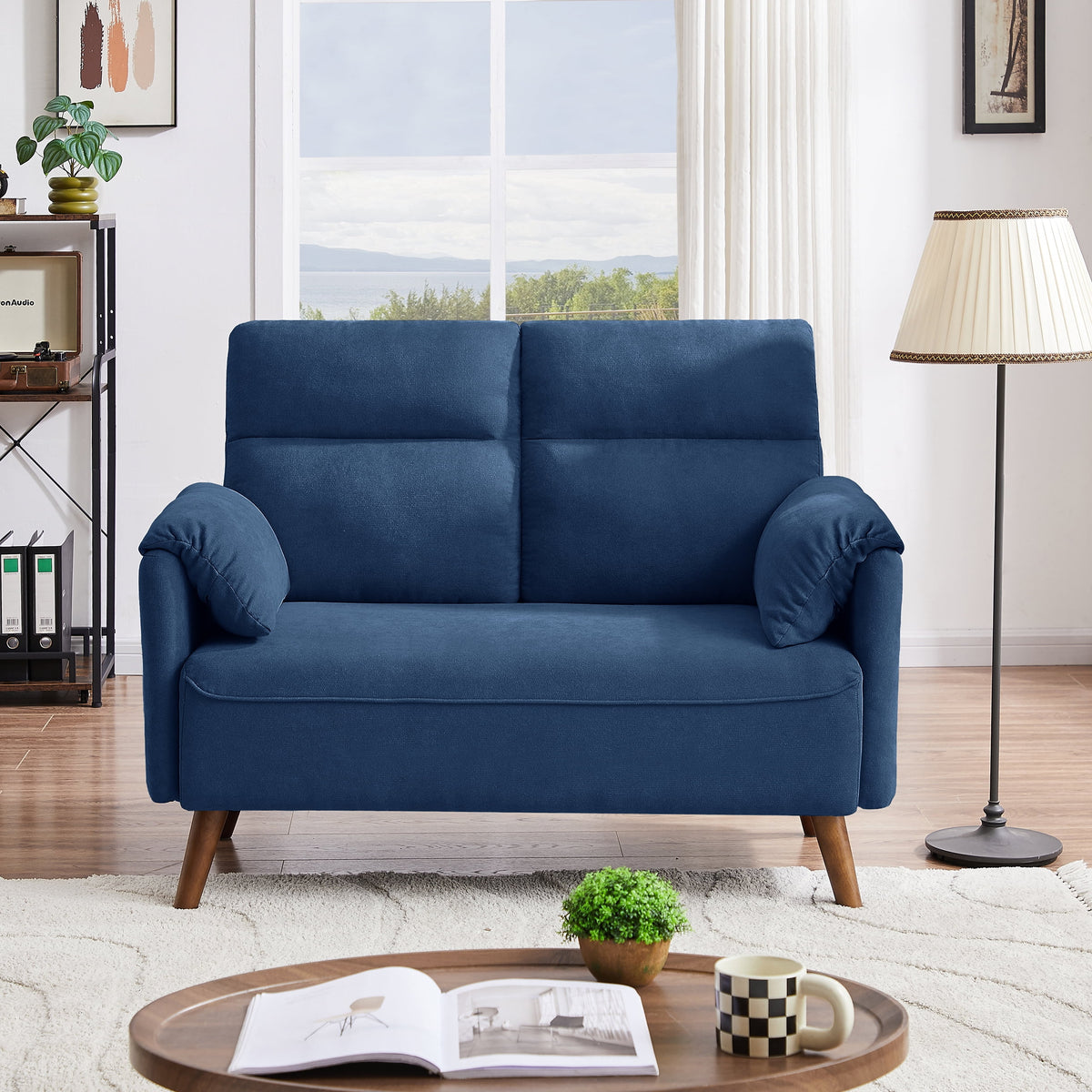 Blue Linen Fabric 2-Seat Loveseat Sofa with Back Cushions and Wood Legs D240