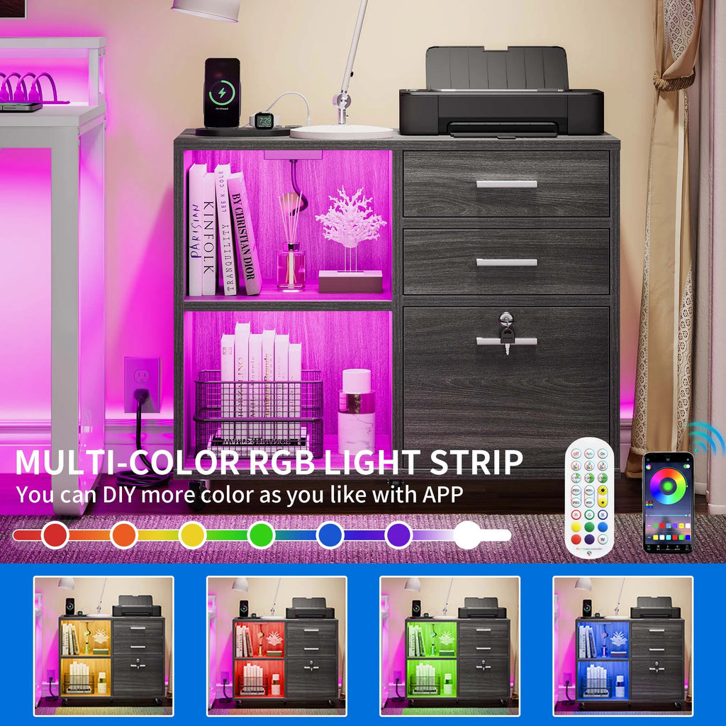 3 Drawer File Cabinet with Charging Station Lock LED Light Black J807372