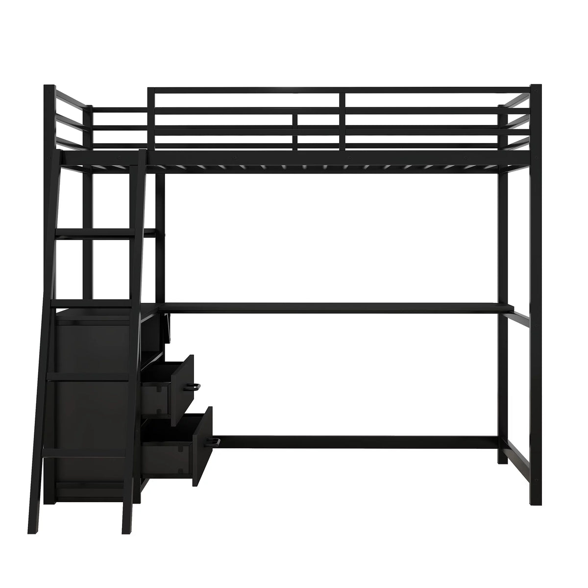 Twin Size Metal Wood Loft Bed with Desk Shelf and Drawers Black S342455