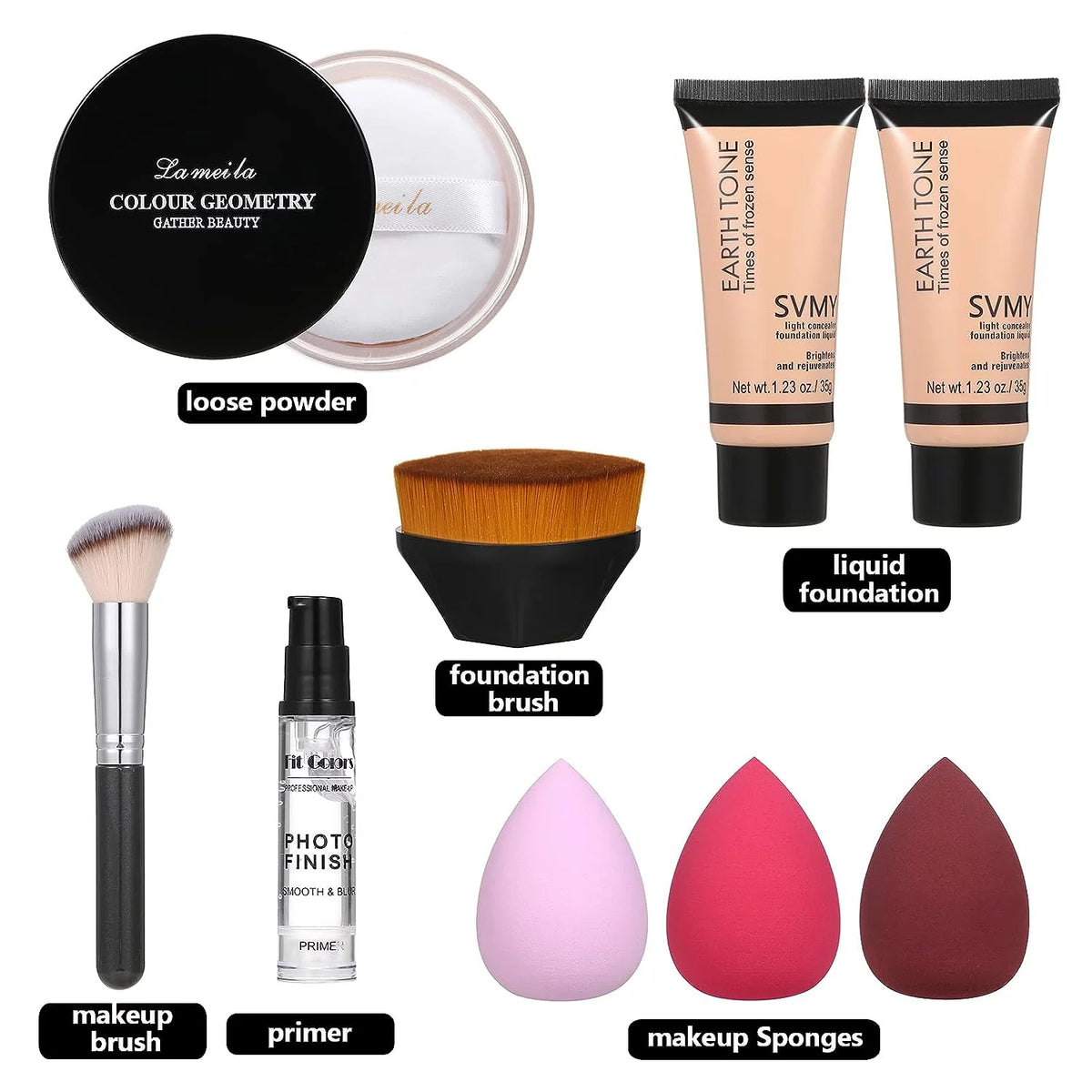 Full Coverage Matte Oil Control Foundation Concealer with Primer and Brush and Sponges A30156