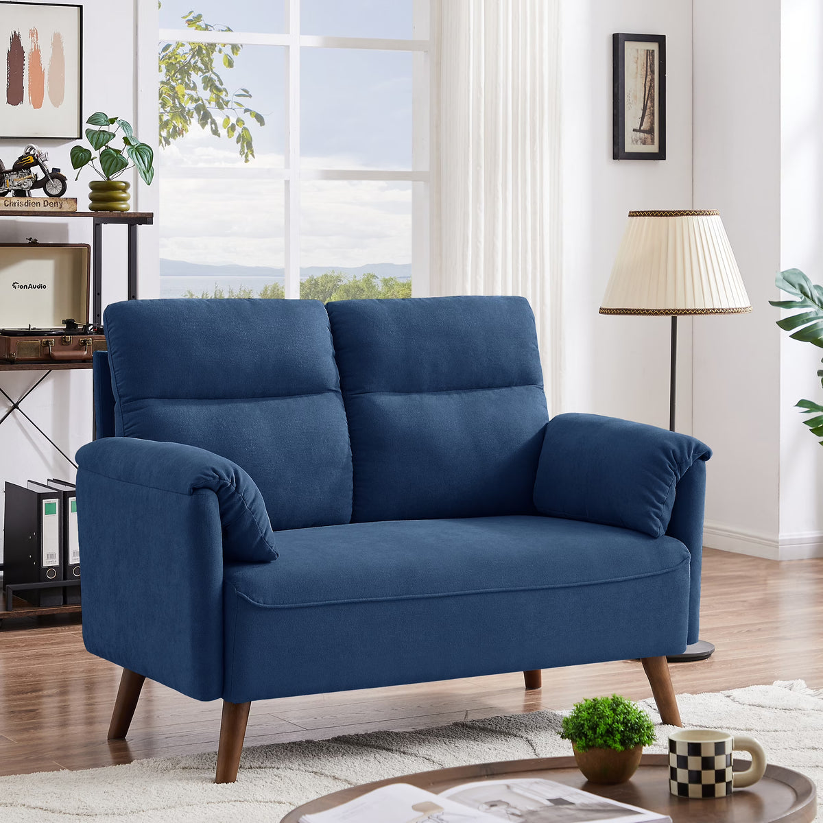 Blue Linen Fabric 2-Seat Loveseat Sofa with Back Cushions and Wood Legs D240