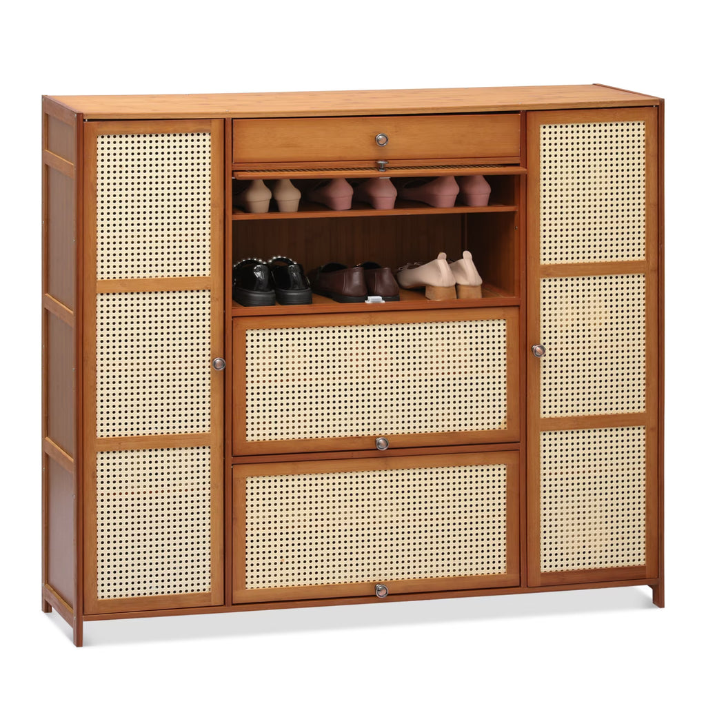 6-Tiers Rattan Shoe Storage Cabinet with Drawer, 32 Pairs, 8 Boots Compartments, Brown E571085