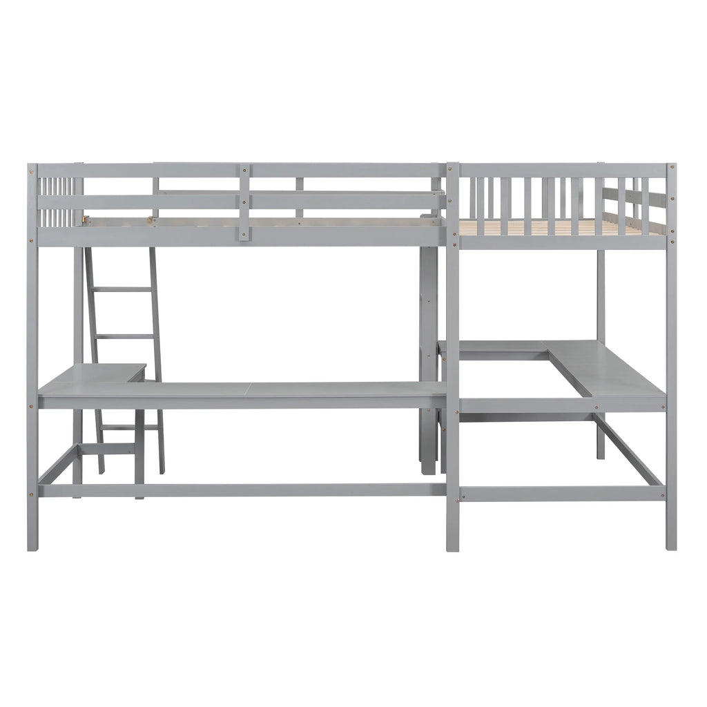 Twin Size L-Shaped Loft Bed with Desk, Ladder and Guardrails D820