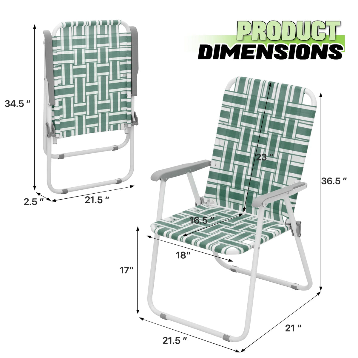 Dark Green 2 Pieces Folding Beach Chairs with Armrests I5045