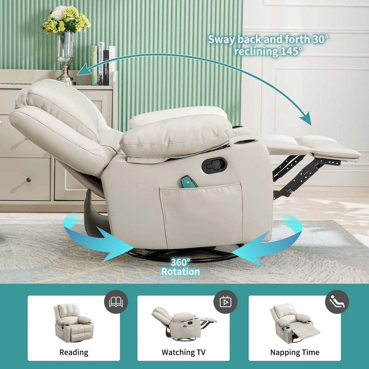 38.19" Wide Manual Swivel Rocker Recliner Chair with Massager and Heat P19712