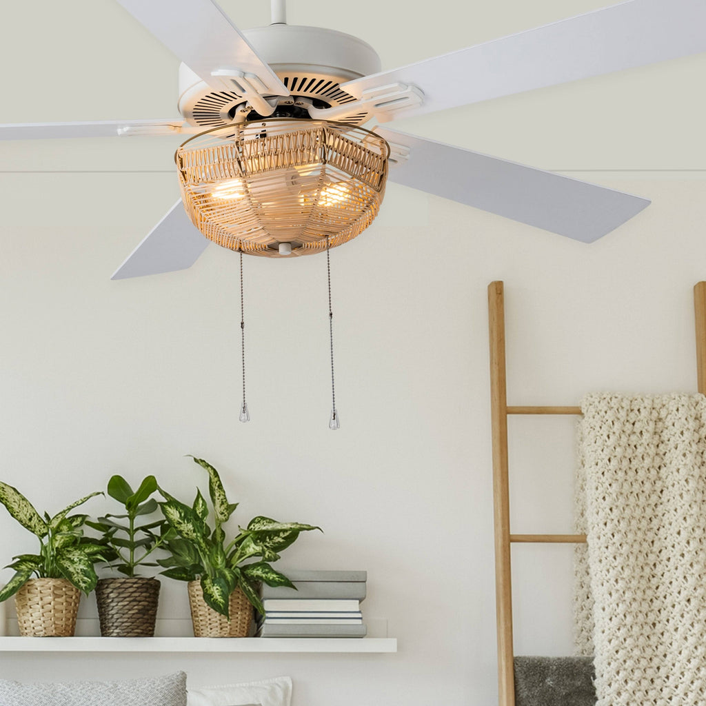 52x22 5-Blade LED Rattan Lighted Ceiling Fan Tan C97546